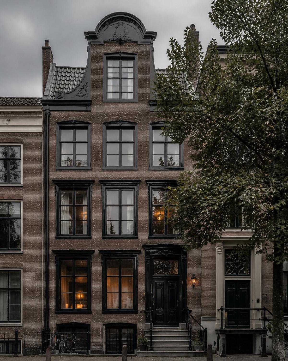 Klassieke gevel met opnieuw geschilderde kozijnen